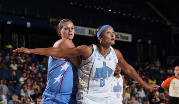 ROSEMONT, IL - AUGUST 14: Mistie Bass #8 of the Chicago Sky boxes out Alison Bales #33 of the Atlanta Dream during the WNBA game on August 14, 2010 at the All-State Arena in Rosemont, Illinois. NOTE TO USER: User expressly acknowledges and agrees that, by downloading and/or using this photograph, user is consenting to the terms and conditions of the Getty Images License Agreement.  Mandatory Copyright Notice: Copyright 2010 NBAE (Photo by Gary Dineen/NBAE via Getty Images) *** Local Caption *** Mistie Bass;Alison Bales