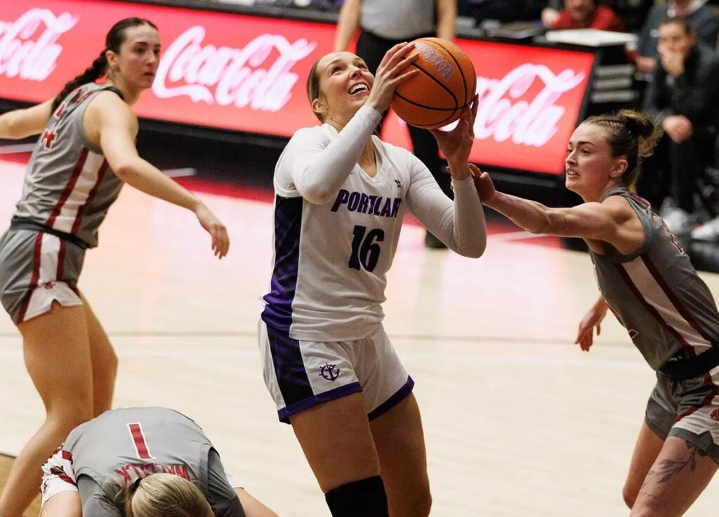 February 15, 2025 - Forward/Center Trista Hull #16 of the Portland Pilots during the match between the Portland Pilots and the Washington State University Cougars at the Chiles Center in Portland, OR. Photo by Maury Neipris