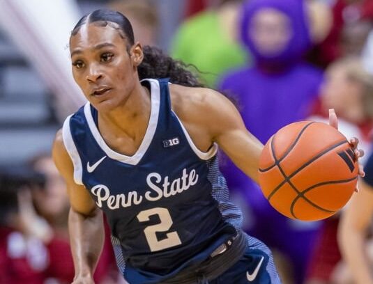 tv1 BLOOMINGTON, INDIANA - JANUARY 10: Tay Valladay #2 of the Penn State Nittany Lions brings the ball up court during the game against the Indiana Hoosiers at Simon Skjodt Assembly Hall on January 10, 2024 in Bloomington, Indiana. (Photo by Michael Hickey/Getty Images)