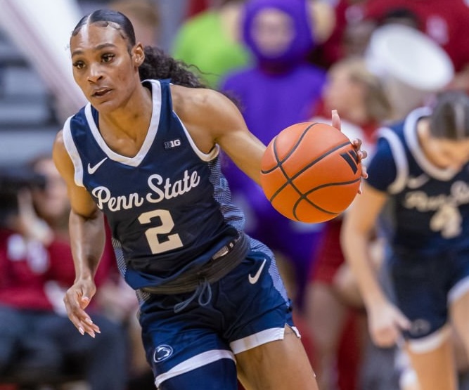 BLOOMINGTON, INDIANA - JANUARY 10: Tay Valladay #2 of the Penn State Nittany Lions brings the ball up court during the game against the Indiana Hoosiers at Simon Skjodt Assembly Hall on January 10, 2024 in Bloomington, Indiana. (Photo by Michael Hickey/Getty Images)
